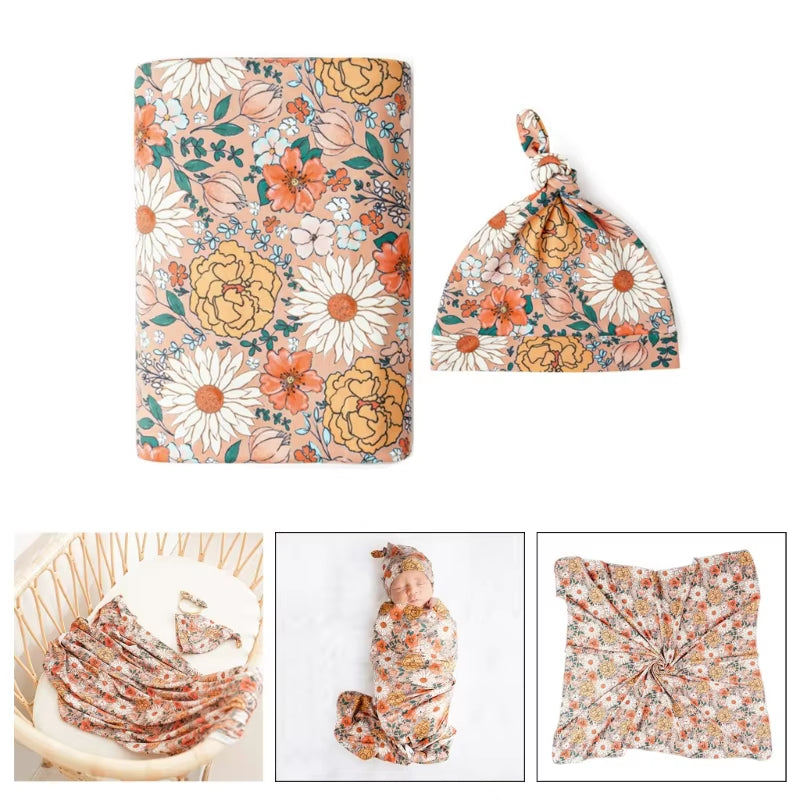 Bamboo Fber Newborn Wrap Blanket Floral Print Baby Turban Hat Swaddles Blanket
